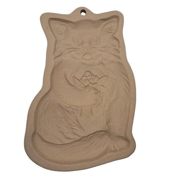 RARE Vtg Brown Bag Cookie Art Mold Cat with Flowers Stoneware 1983 Retired - Picture 1 of 2